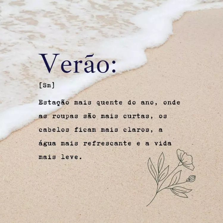 Foto de praia com onda e frase: "Verão: Estação mais quente do ano, onde as roupas são mais curtas, os cabelos ficam mais claros, a água mais refrescante e a vida mais leve."