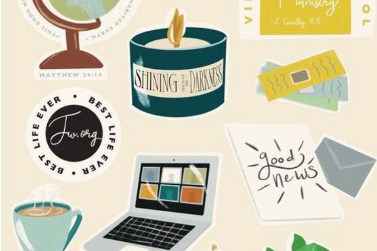 Montagem com desenhos de cartas, vela, notebook em videochamada, café e mais