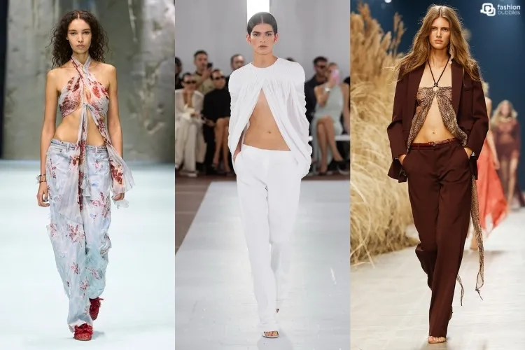 Modelos na passarela usando top com abertura frontal, uma das tendências da Semana de Moda de Milão Primavera Verão 2027