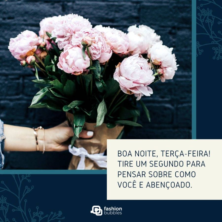 Imagem de pessoa segurando buquê de flores rosas e mensagem "Boa noite, terça-feira! Tire um segundo para pensar sobre como você é abençoado."