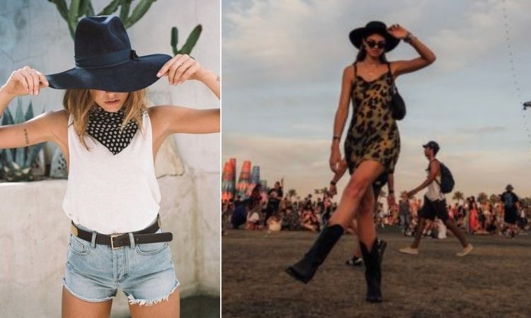 Montagem de dois looks para o Lollapalooza: um de uma mulher de pele clara com chapéu preto, regata e shorts jeans e outro de mulher de pele clara com bota, chapéu e vestido 