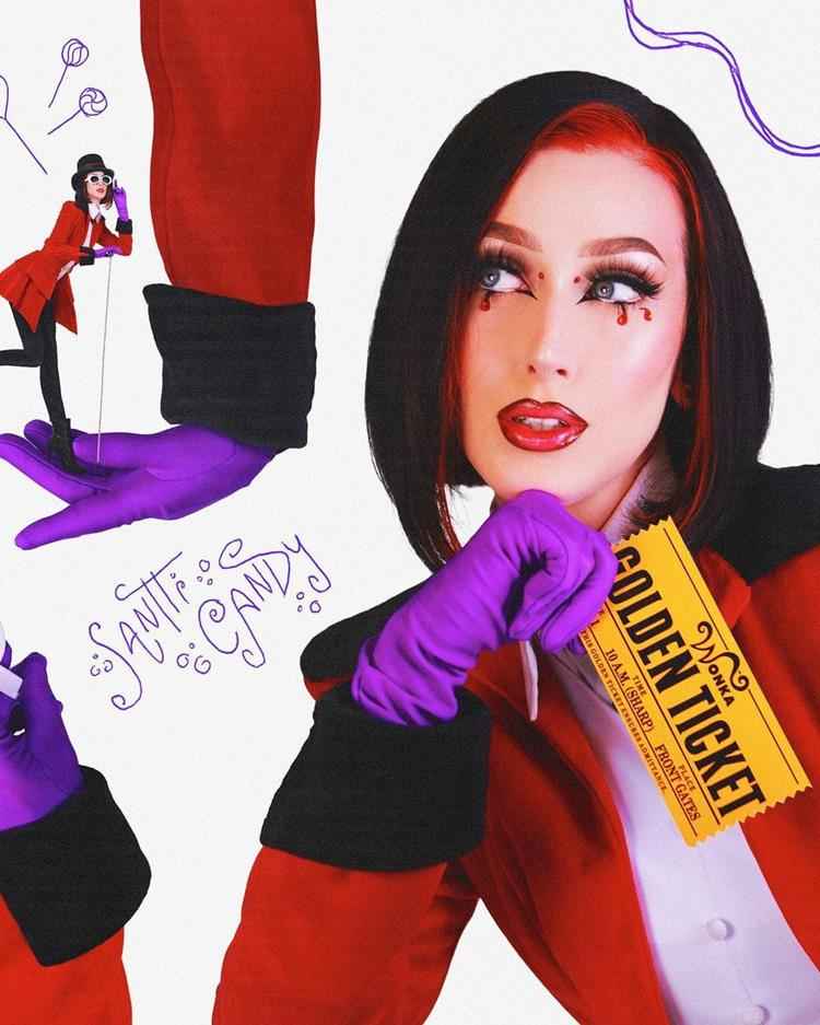 mulher com fantasia de a fantástica fábrica de chocolate