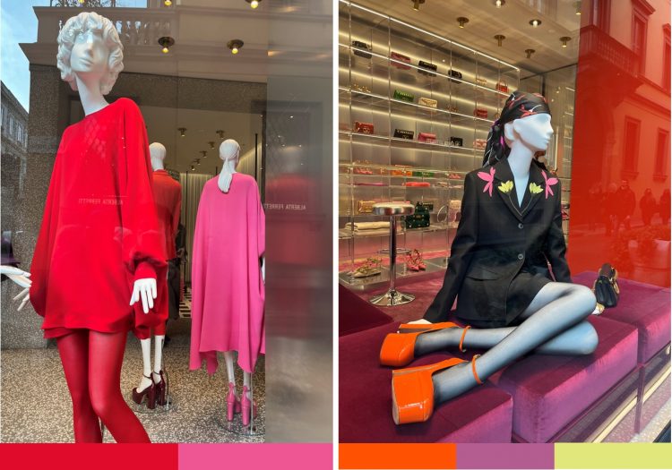 Vitrine Valentino Milão, tendências verão 2023, cores energéticas, vermelho Valentino vitrines marca valentino com manequins usando vestidos vermelho, rosa e foto da direita terno e saias preatas bordadas e manequim veste sapato laranja