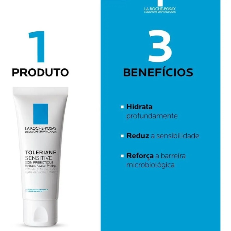 foto do Toleriane Sensitive, La Roche-Posay em fundo branco e auzl com benefícios do produto