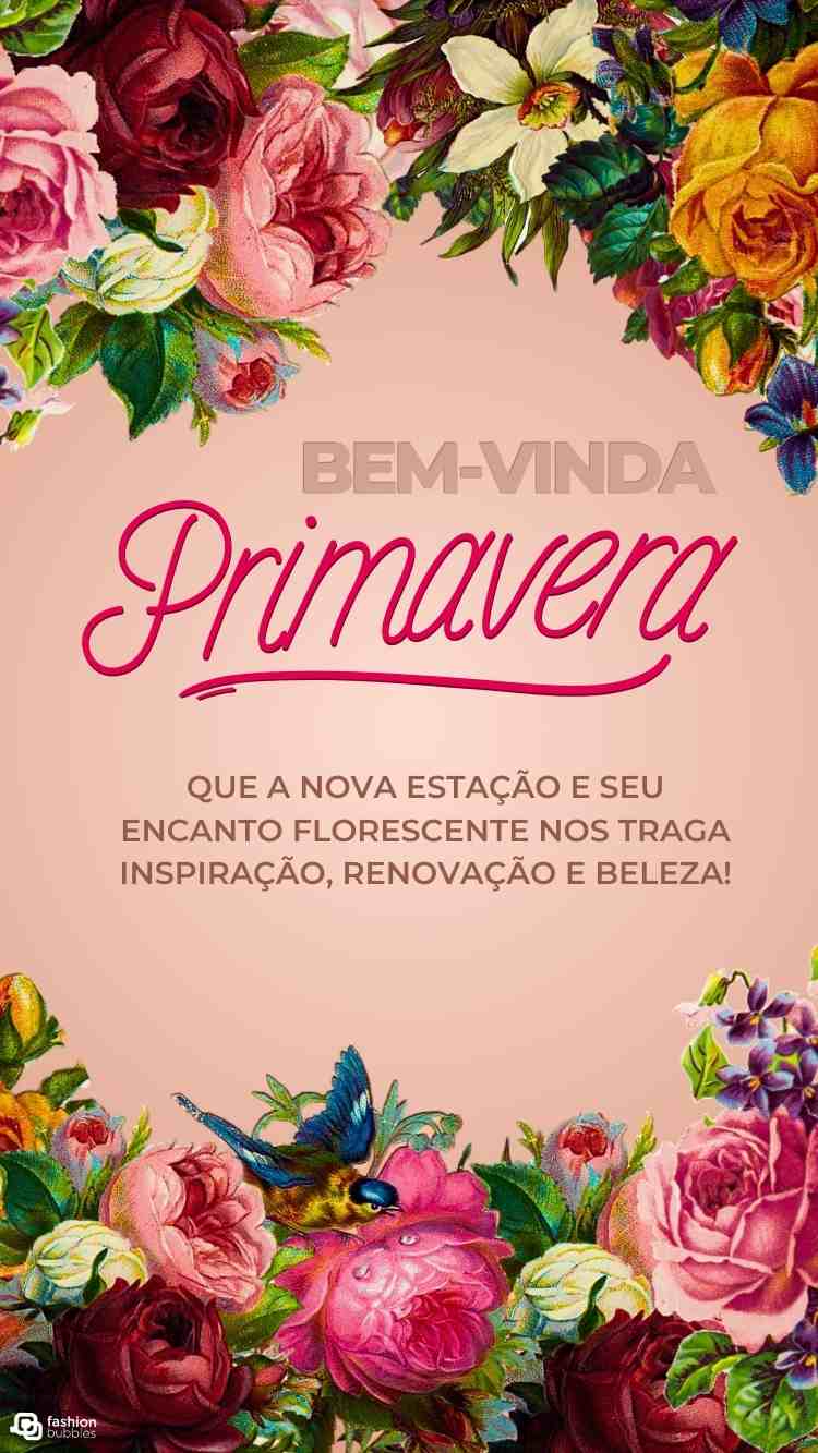 Frase escrita em fundo bege com borda de desenho de rosas, flores e beija-flores