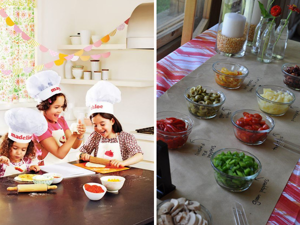 Colagem de crianças fazendo receitas e uma mesa com verduras e legumes. Duas fotos: uma de 3 meninas com avental e touca de cozinheiro cozinhando em mesa de madeira e outra de potes de vidro com petiscos, sobre papel com especificações dos alimentos