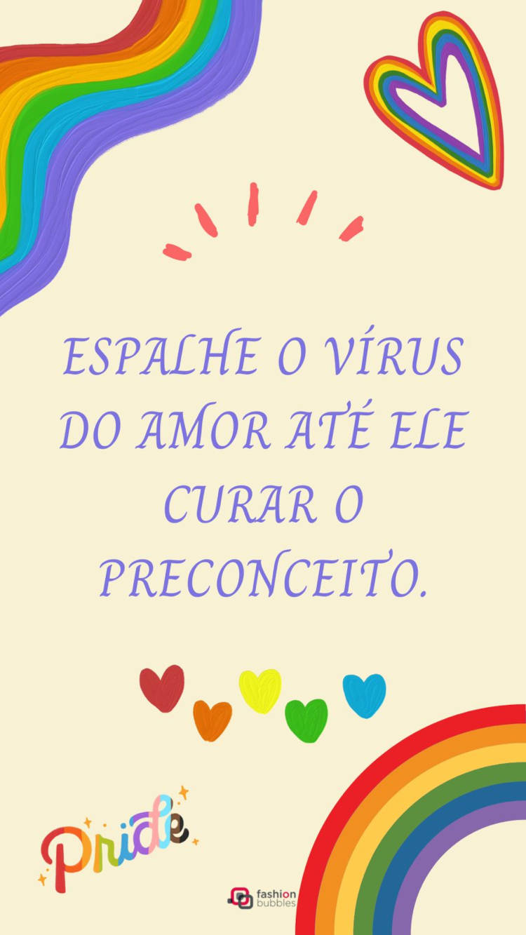 Cartão virtual de fundo pêssego com detalhes coloridos e frase "Espalhe o vírus do amor até ele curar o preconceito."