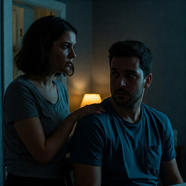 Foto escura de homem de costas para mulher, que repousa as mãos sobre os ombros do homem 
