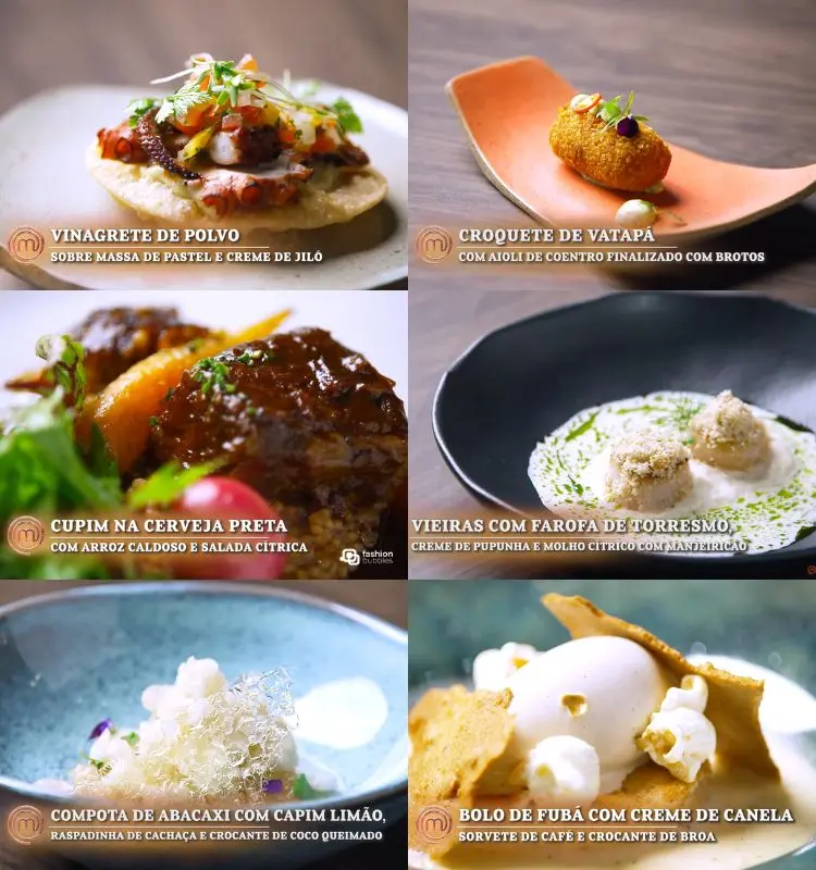 Montagem com 6 prints do episódio Final MasterChef Profissionais 2023, do menu afeto de Bárbara