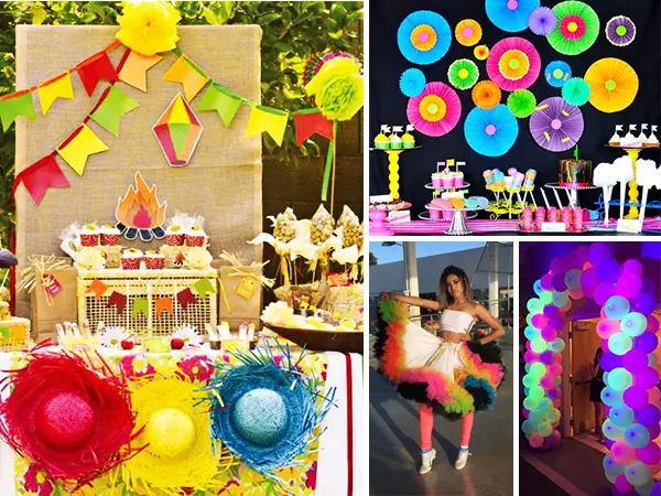 A imagem representa decorações de festa junina com cores neon
