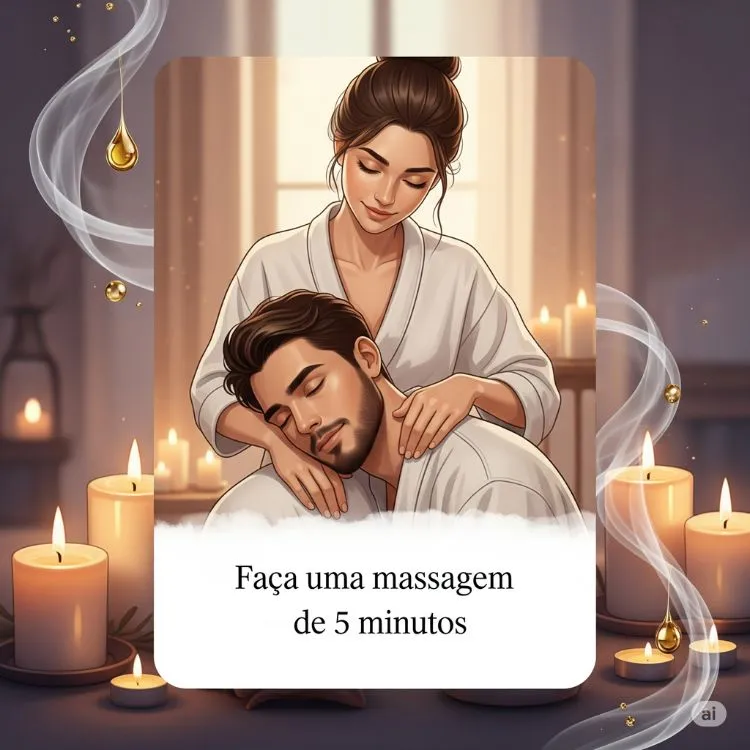 Um cartão com a instrução "Faça uma massagem de 5 minutos". A imagem de fundo mostra uma mulher fazendo uma massagem no pescoço de um homem, rodeados por velas acesas e gotas douradas, criando uma atmosfera relaxante e íntima.