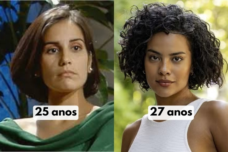 Montagem com fotos de Gloria Pires e Bella Campos no papel de Maria de Fátima