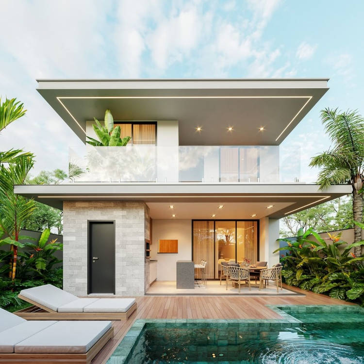 Casa com piscina e varanda no andar superior.