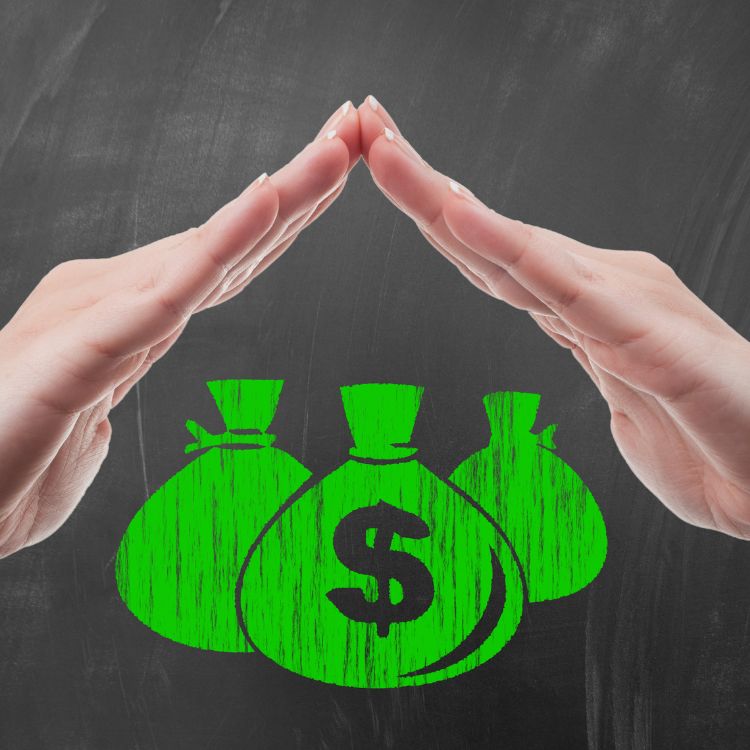 A imagem mostra duas mãos formando um teto protetor sobre três sacos verdes com o símbolo de dólar. O fundo preto cria contraste, destacando o conceito de segurança, proteção financeira e preservação de riquezas ou investimentos.