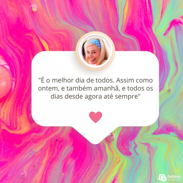 fundo com tinta rosa e mensagem do filme da Barbie com foto da Margot Robbie