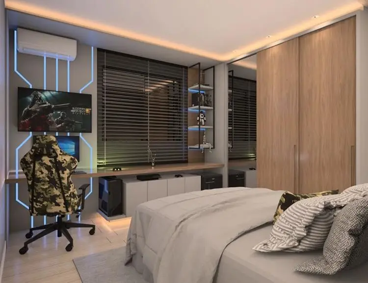 projeto digital de apartamento pequeno, quarto com escrivaninha