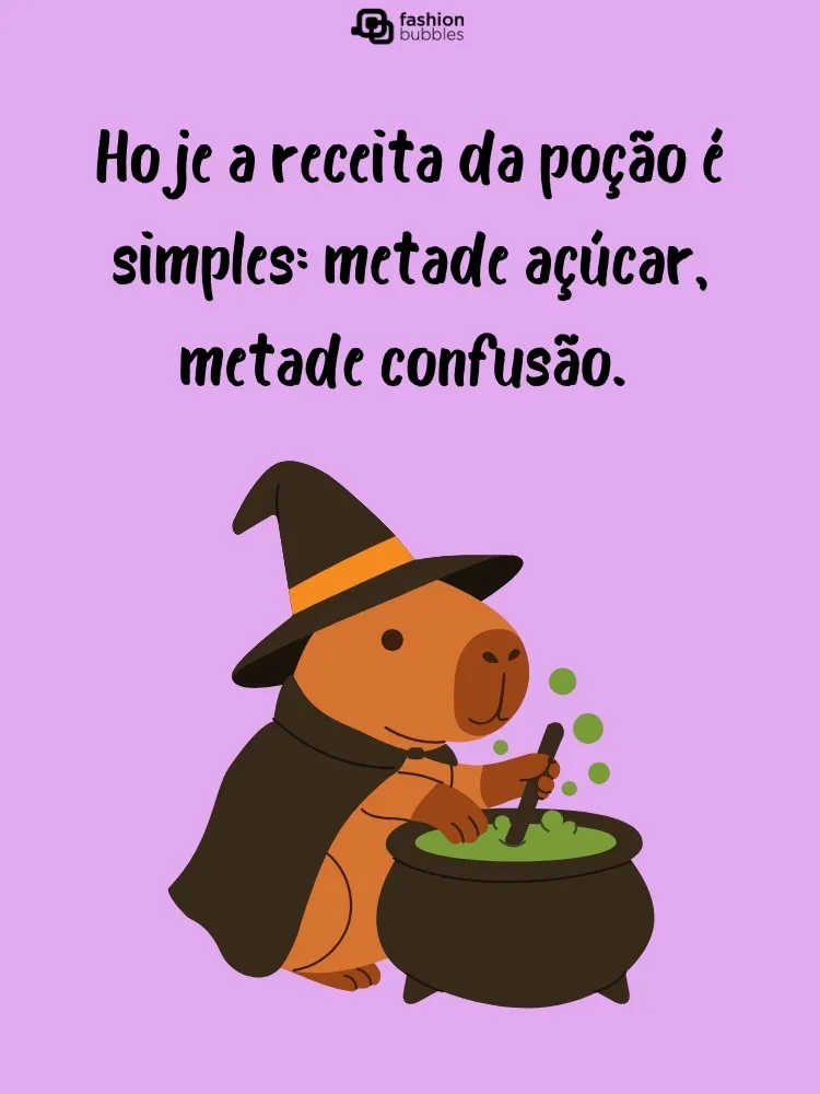 Ilustração de bruxa capivara preparando poção com frase de Halloween 