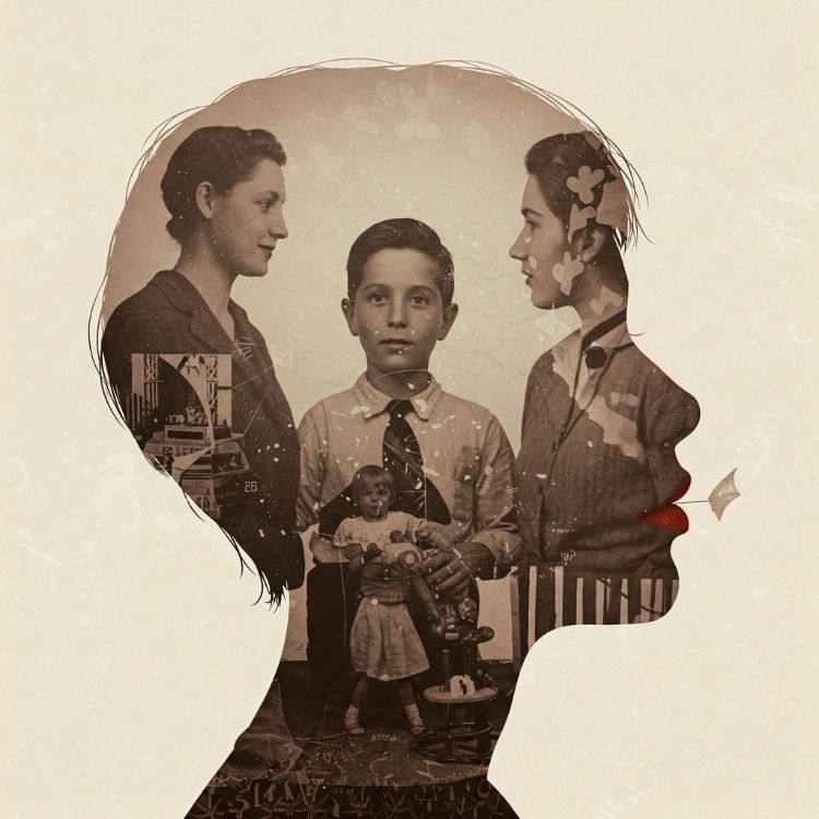 Silhueta de um rosto feminino com fotos antigas sobrepostas, retratando uma família. A imagem mistura memórias de infância, relações familiares e herança emocional, simbolizando o impacto do passado na formação da identidade e nos padrões inconscientes.