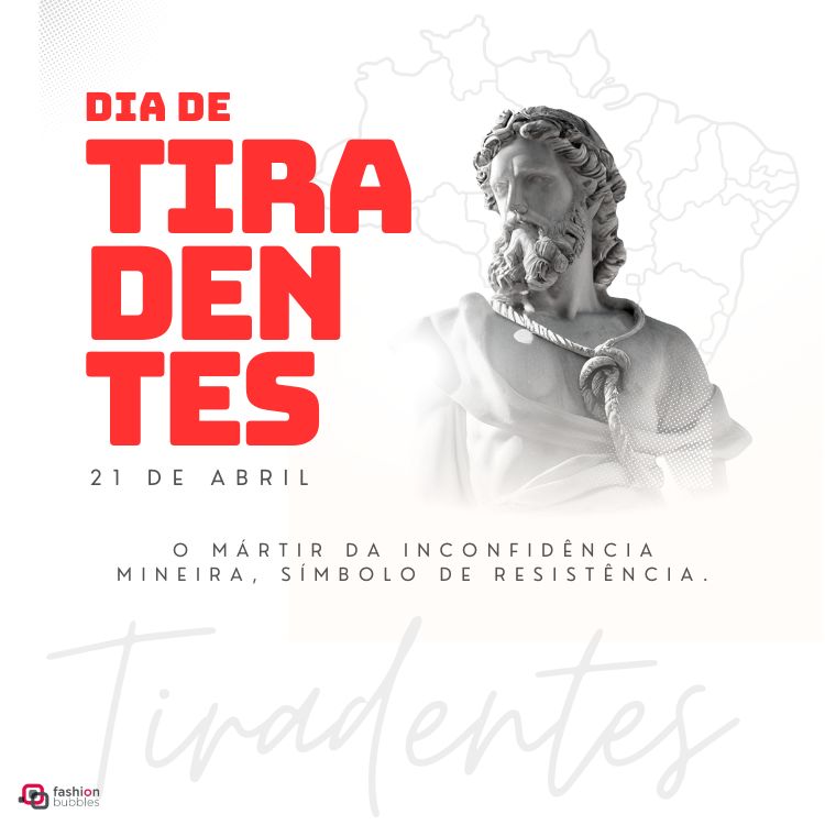 "Tiradentes, o mártir da Inconfidência Mineira, símbolo de resistência." escrita em fundo cinza com estátua de Tiradentes