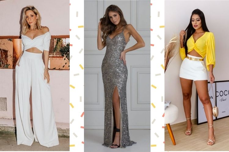 Look branco, prata e amarelo ano novo