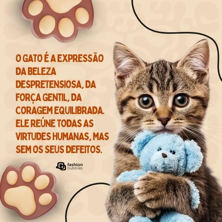 Cartão virtual de fundo bege com desenho de patas, foto de gatinho com urso de pelúcia e frase: O gato é a expressão da beleza despretensiosa, da força gentil, da coragem equilibrada. Ele reúne todas as virtudes humanas, mas sem os seus defeitos.