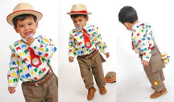3 fotos de garotinho com look de festa junina