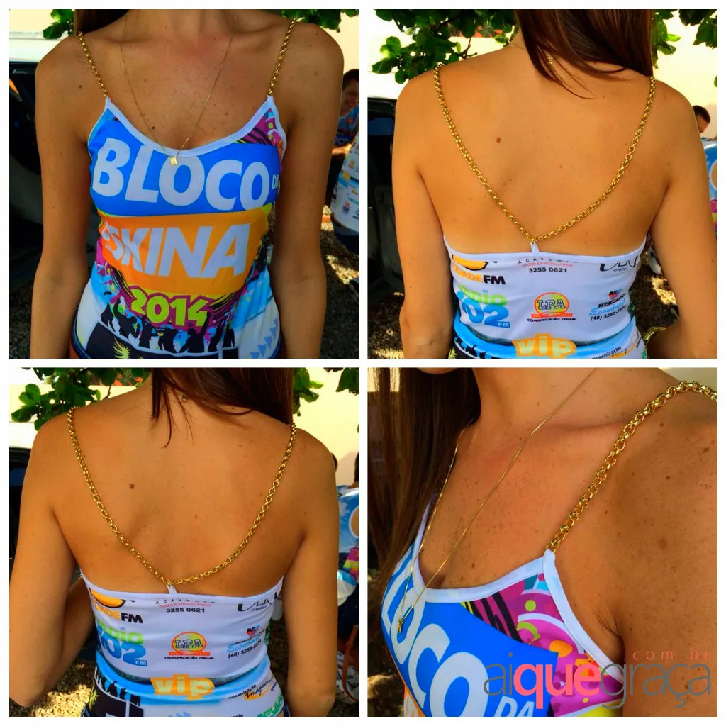 Detalhes de mulher de pele clara usando abadá do Bloco Skina 2014 customizado com corrente