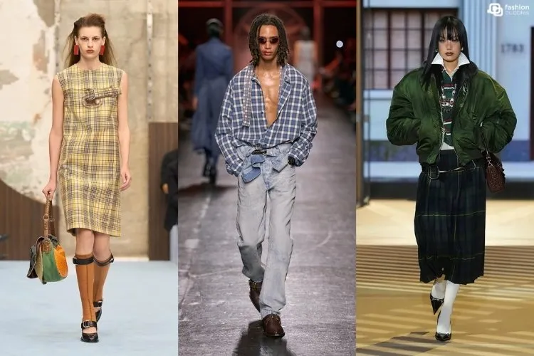 Modelos na passarela usando estampa xadrez, uma das tendências da Semana de Moda de Milão Primavera Verão 2027