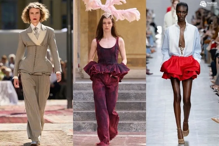 Modelos na passarela usando volume no quadril, uma das tendências da Semana de Moda de Milão Primavera Verão 2027