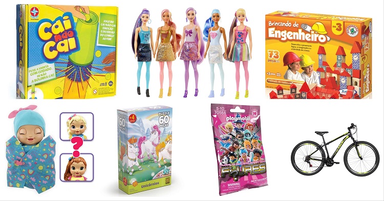Montagem com diversas opções de brinquedos RiHappy para o Dia das Crianças 