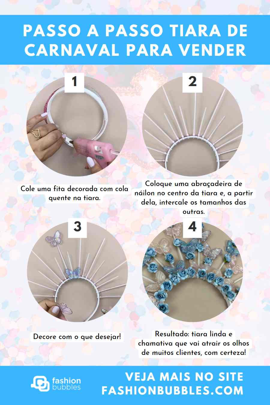 Montagem com tutorial de como fazer tiara de Carnaval para vender.