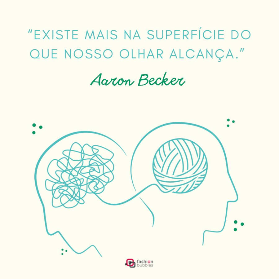 Cartão virtual de fundo bege com desenho de duas cabeças de perfil, uma com novelo embaralhado e outra com novelo normal, além de frase“Existe mais na superfície do que nosso olhar alcança.” (Aaron Becker)