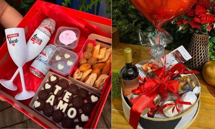 Duas opções de festa na caixa, com bebidas, doces e salgados 