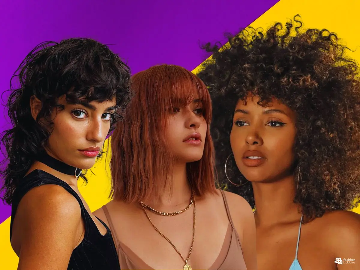 Montagem de 3 mulheres com cortes de cabelo médio, mullet, blunt bob e com franjinha em fundo roxo e amarelo