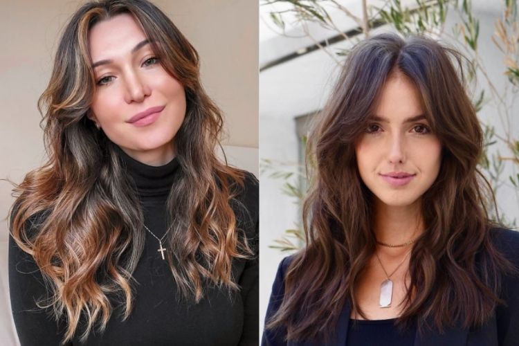 Duas fotos de mulheres com curtain bangs cabelo ondulado