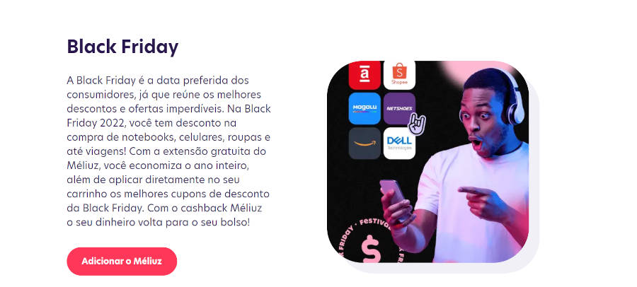Foto de capa do site da Mélliuz, com descrição da Black Friday do site e homem de pele negra mexendo no celular 
