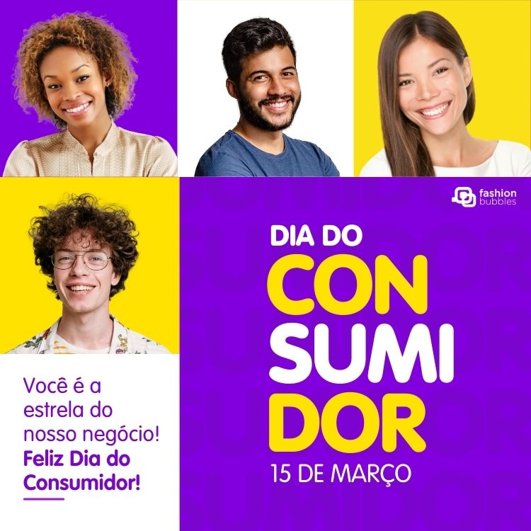 Cartão virtual roxo com foto de pessoas e frase: Você é a estrela do nosso negócio! Feliz Dia do Consumidor!