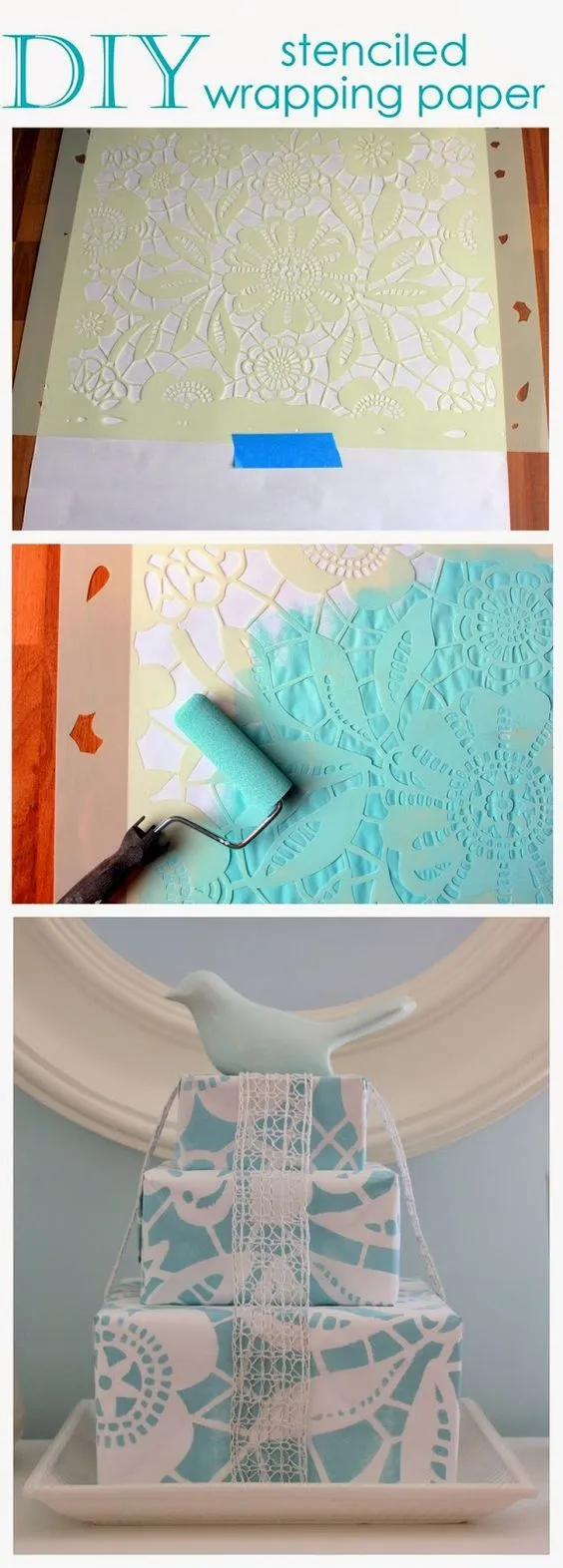 passo a passo pintando papel com molde para embrulhar presente