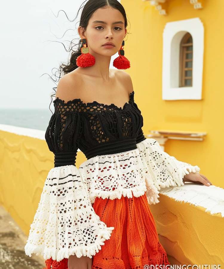 Uma modelo posa com um top de crochê com ombros de fora, preto e branco. O top tem mangas bufantes com punhos esvoaçantes e um espartilho preto na cintura. A modelo usa brincos de tassel vermelhos e um vestido laranja, com fundo amarelo e azul.