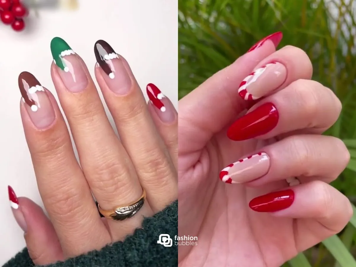 Foto de unhas natalinas decoradas inspiradas em gorro de Papai Noel e em pirulito de Natal.