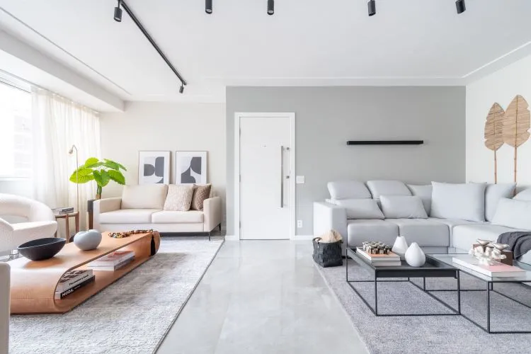 Imagem de sala de dois ambientes, com paredes cinza e off white, decoração de plantas na parede, sofá cinza com mesas de centro, outro sofá, porém bege, mesa de centro de madeira e muito espaço para passagem.