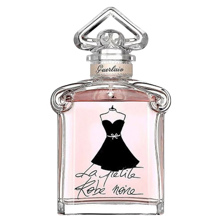 Frasco do La Petite Robe Noire Eau de Toilette da Guerlain. Vidro rosado com desenho de vestido preto 