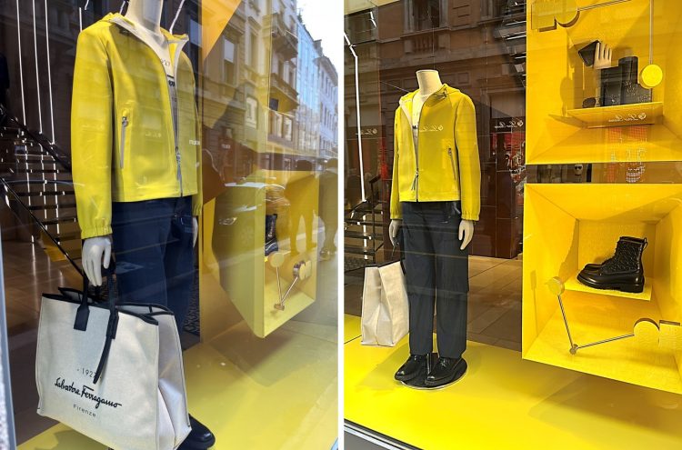 Vitrine de Milão Salvatore Ferragamo, verão 2023, amarelo fluor, tendências verão 2023, vitrines de Milão vitrines com manequim vestindo calça prata e jaqueta amarelo fluor