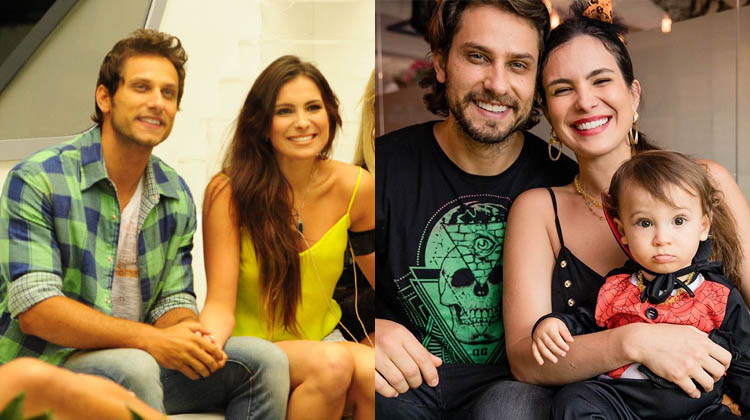 Montagem com duas fotos: Eliéser e Kamila no BBB e atualmente com 1 filho no colo