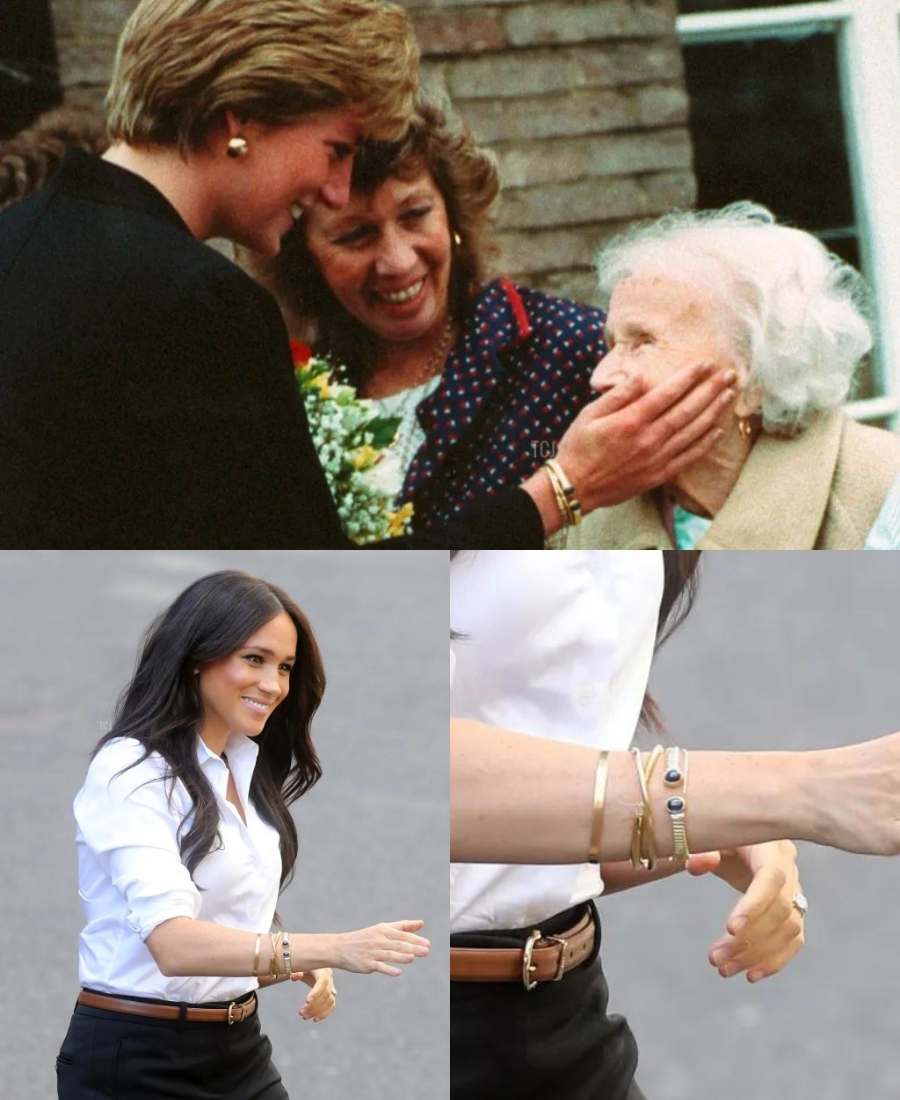 Montagem de 3 fotos. Na 1ª imagem, lady Di está em um local público com duas mulheres, uma idosa e outra um pouco mais nova. Ela está de perfil e usa bracelete de ouro e roupa preta. Está fazendo carinho no rosto da mulher idosa. Na 2ª imagem, Meghan Markle está andando em local público e usando o mesmo bracelete da lady Di. Ela está sorridente, com camisa branca e calça preta. A 3ª imagem foca no bracelete da 2ª imagem que está no braço de Meghan Markle.