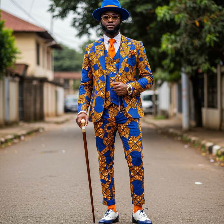 Homem negro vestindo terno vibrante de estampa africana azul e laranja, combinado com chapéu azul e gravata laranja. Ele segura uma bengala em uma rua arborizada, transmitindo estilo autêntico e orgulho cultural.