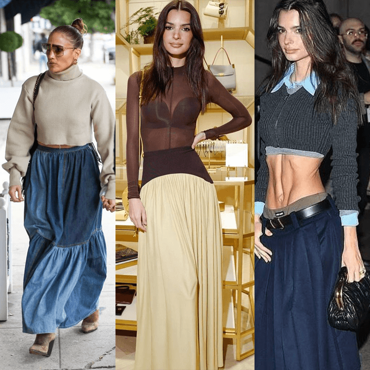 Jennifer Lopez e Emily Ratajkowski usando maxi skirts