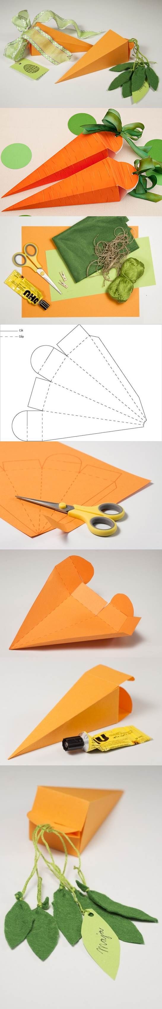 Molde e passo a passo de cenoura de papel como porta-doces