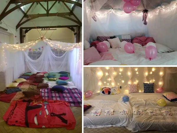 3 ideias de decoração de cabanas para festa de Dia das Crianças, com almofadas, bexigas e fios de luzes