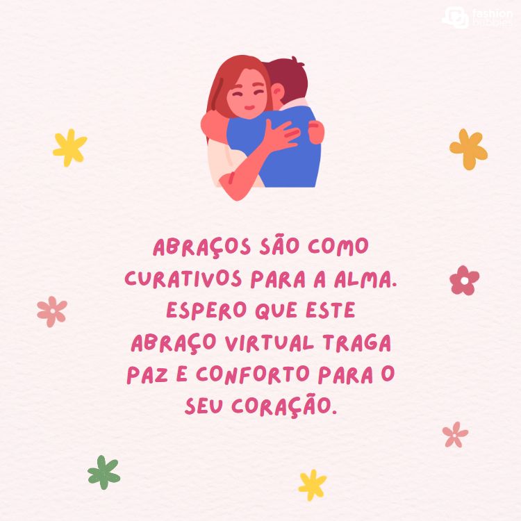 fundo rosa com ilustração de pessoas se abraçando e frases de Dia do Abraço virtual